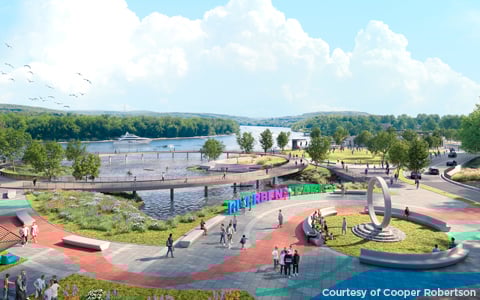 Conceptual illustration of the future River Bend Park, showcasing walking paths, green spaces, and a riverfront. 