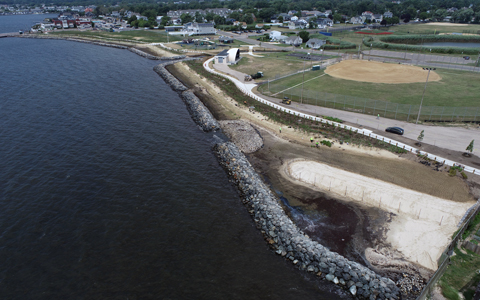 Aerial view of Shorefront Park’s living shoreline. 