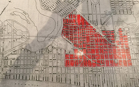 Historic map showing the Northside Neighborhood, highlighted in red.