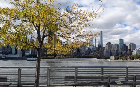 View of the East River waterfront and city skyline from Hunters Point North.