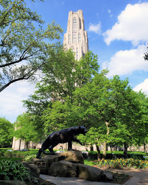 A sculpture of the University’s mascot, a panther, with the Cathedral of Learning in the background.