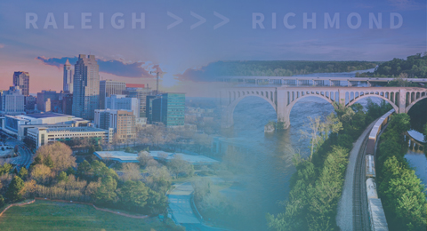 City skylines of Raleigh, NC, and iconic Richmond, VA, bridge over the James River.