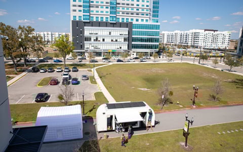 Mobile REACH Hub is launched at UCF Downtown event as seen from above.