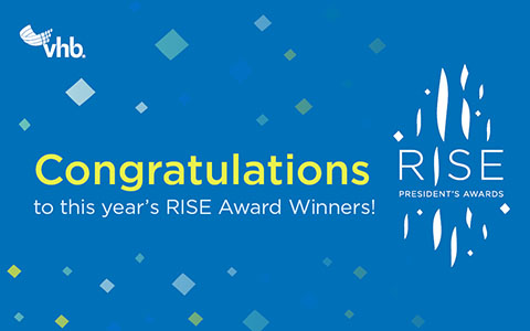 Confetti on a blue background with the text Congratulations to this Year’s RISE Award Winners! With the RISE Award and VHB logos.