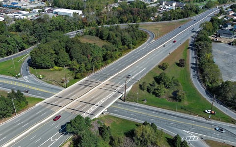 An aerial view of a highway bridge.