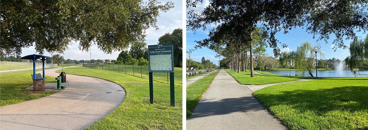 A bicycle path with trees and a bench and A bicycle path with trees beside a small lake