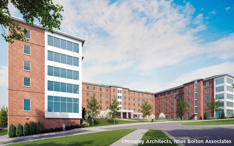 Rendering of the new 463 bed, 117,000- square-foot, five‐story residence hall to be built.