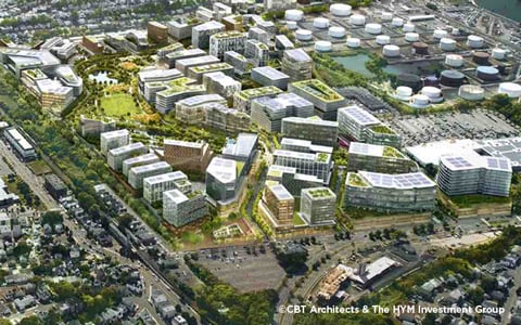 Aerial view of a Suffolk Downs redevelopment rendering.