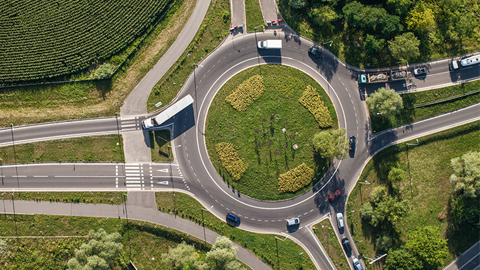 Aerial shot of a Turbo Roundabout intersection.