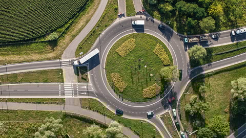 Aerial shot of a Turbo Roundabout intersection.