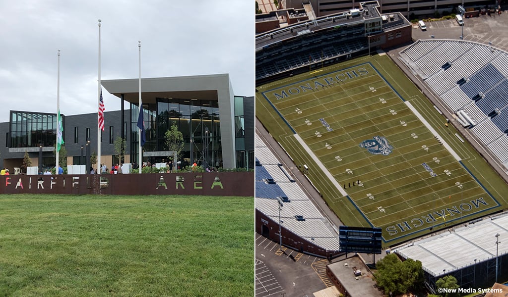 The Fairfield Area Library front façade and an aerial view of ODU’s football stadium.