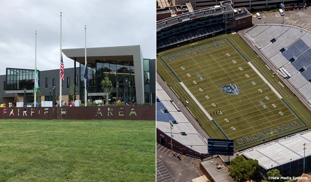 The Fairfield Area Library front façade and an aerial view of ODU’s football stadium. 