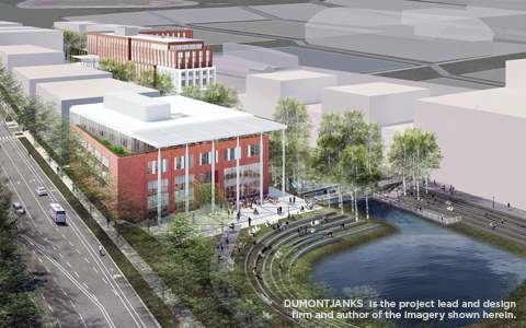 Site rendering of the large open water feature and amphitheater seating serving as the focal point for the Ivy Corridor. 