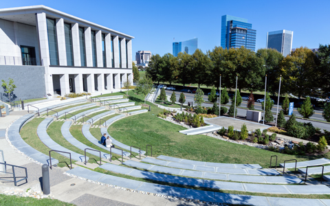View of amphitheater and new landscape plantings after installation.