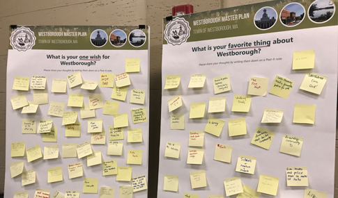 Large poster boards at the 2020 Westborough Holiday Stroll hold sticky notes with handwritten ideas from the community.