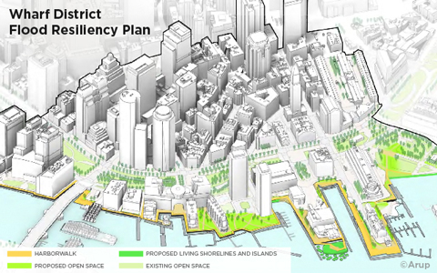 A graphic showing Wharf District Council’s Flood Resiliency Plan, including proposed open space and a harbor walk.
