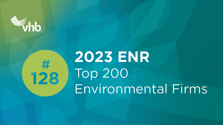 On a teal background with the VHB logo, the firm’s ENR rankings are shown in citron text. 