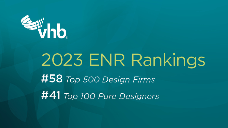 Yellow and white text against a teal background announces VHB’s 2023 ENR rankings.