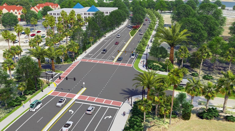 An aerial rendering of a multimodal flex path for autonomous vehicles showing the path at an intersection with lush tropical foliage surrounding it. 