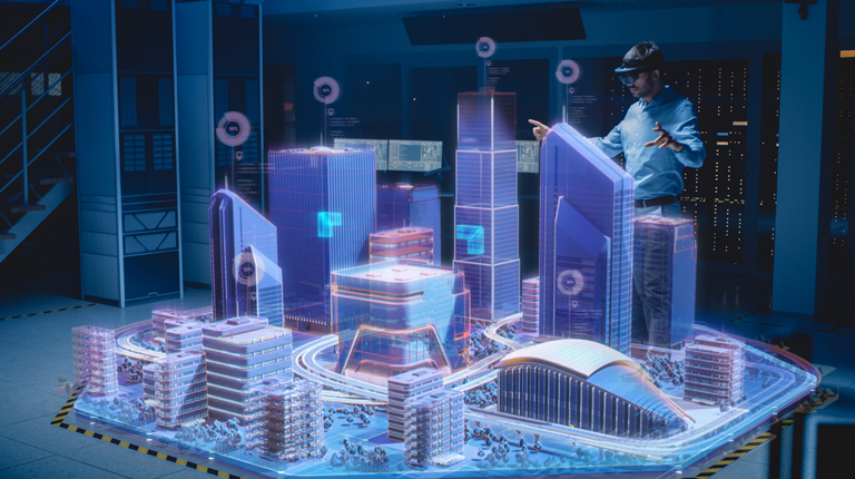Urban Planner Wearing Virtual Reality Headset to Visualize 3D City