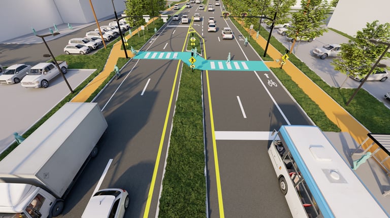 Visualization of a suggested safety countermeasure at an intersection via a blue painted crosswalk