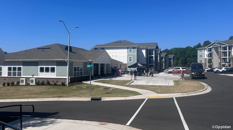 A row of new affordable housing apartments.