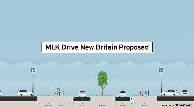 Proposed layout for MLK Drive in New Britain featuring a road with parallel parking, sidewalks, a central green space with a tree, and pedestrians.