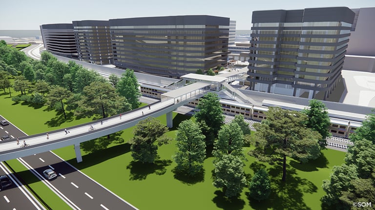 Rendering that features the pedestrian bridge connecting to VRE’s Crystal City Station.