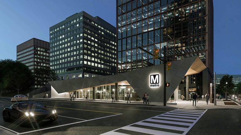 Rendering of the Crystal City Metro Station East Entrance, featuring a modern glass-and-steel entrance and surrounding streetscape.