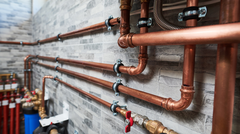 Copper pipes in a building basement.