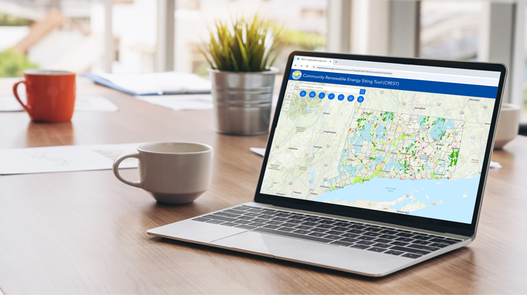 Map of Connecticut displaying locations with the Community Renewable Energy Siting Tool (CREST). Includes various markers and notes on regions across the state.