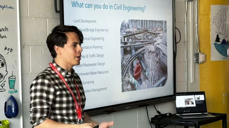 A young man in a checked shirt giving a presentation