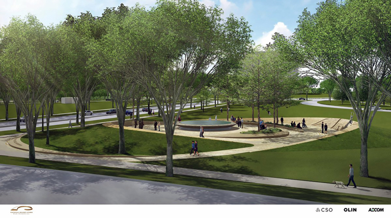 A rendering illustrates the future memorial design that incorporates pathways, large tree canopies, and retaining walls.  