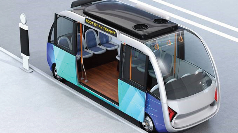 A color rendering of an electric automated vehicle with doors open and seating inside for multiple passengers