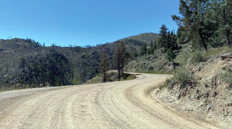 A remote dirt roadway that is challenging to access on Federal Lands.