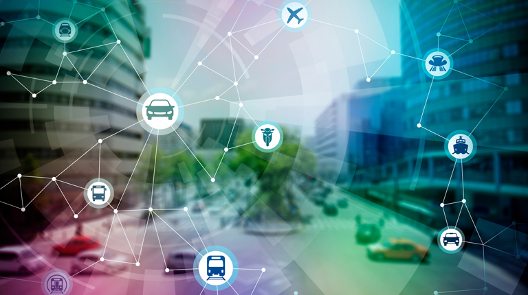 A cityscape in the background with icons representing various transportation modes