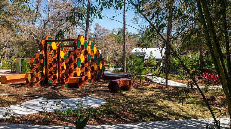 Nature path through bamboo with orange hexagon bench in foreground.