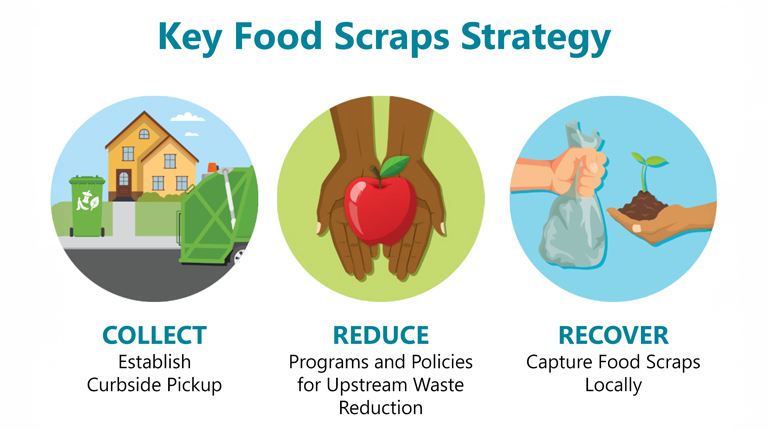 Graphic outlining food scraps strategy: Collect, Reduce and Recover.
