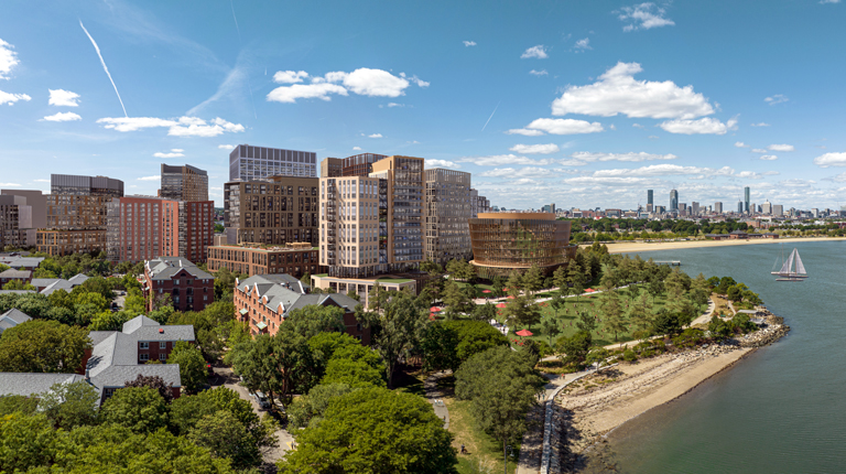 Rendering of the future Dorchester Bay development with people enjoying the amenities along the water.