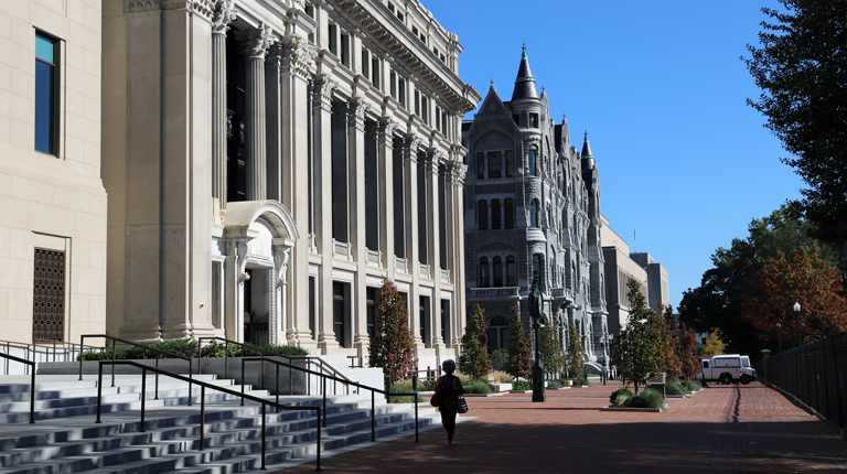 The front façade and plaza at the General Assembly Building.