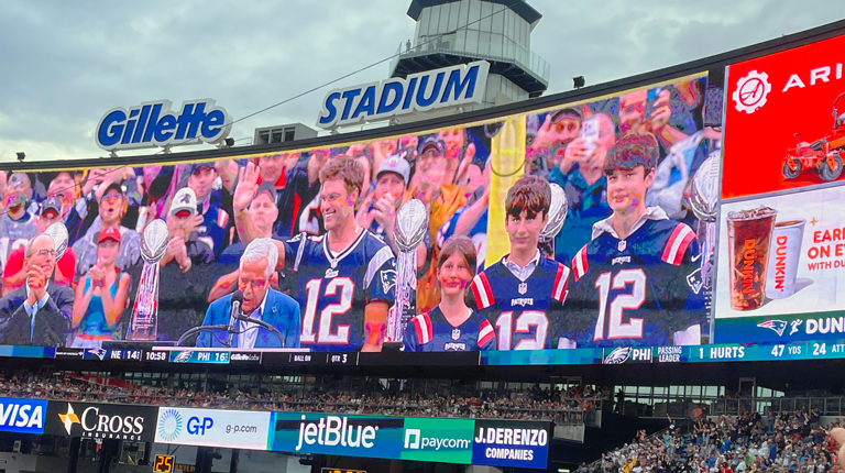 Video board at Gillette Stadium with Robert Kraft and Tom Brady.