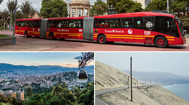 A collage of a cable car, a three-car transmilenio bus and A winding section of a coastal highway.