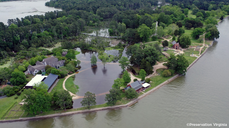 An aerial image captures the flooding at Jamestown after a nor’easter.