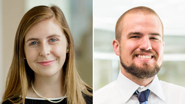 Side by side photos of man and woman smiling at camera.