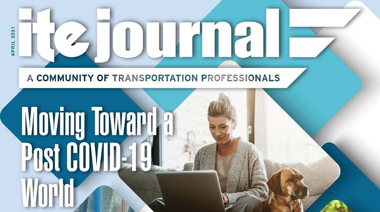 Cover of ITE Journal with blue and white graphics featuring a woman in a gray sweater.