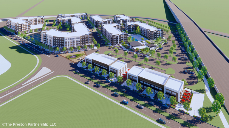 Three-dimensional rendering of a mixed use development 