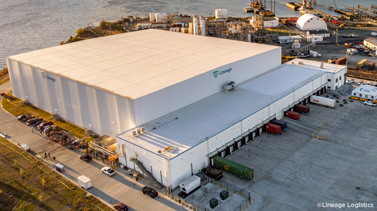 Bird’s eye of Lineage Logistics cold storage facility with loading bays along the Elizabeth River in Portsmouth, Virginia.