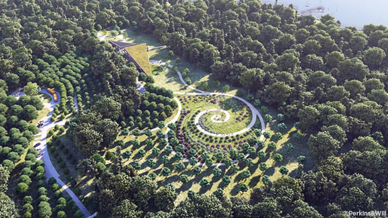Aerial view of the Henrico County Living Building surrounded by trees. 