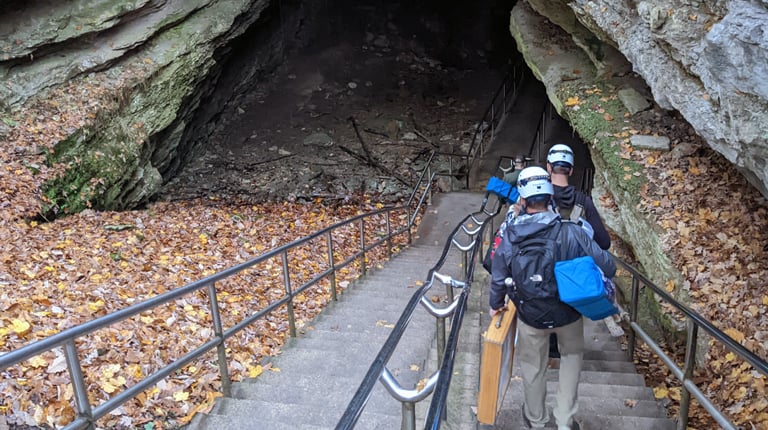 The Archaeology Team descending toward the historic cave entrance.