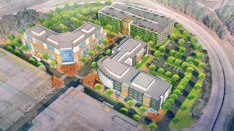 An architectural rendering shows residential and office buildings surrounded by parking and trees at a transit stop.